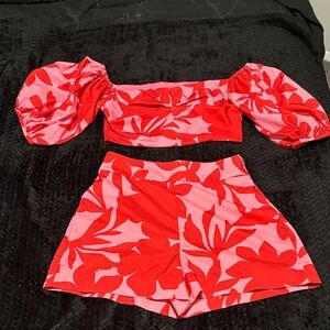 Red and Pink Floral Off-Shoulder Top and Shorts Set